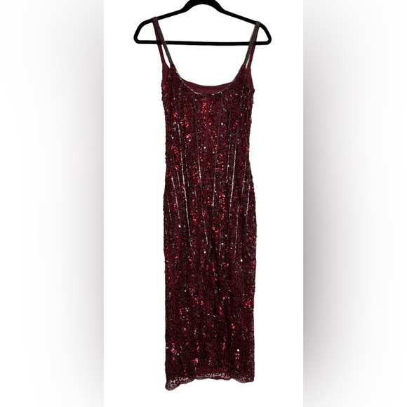 👗 NWT! Mac Duggal Sequin & Bead Midi Red Slip Dress - Picture 5 of 16